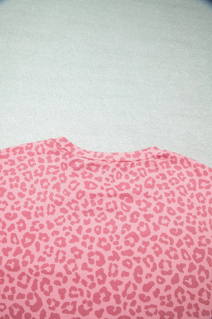 Apricot Leopard Print Varsity Striped Detail 3/4 Sleeve Top Shift Pant Set