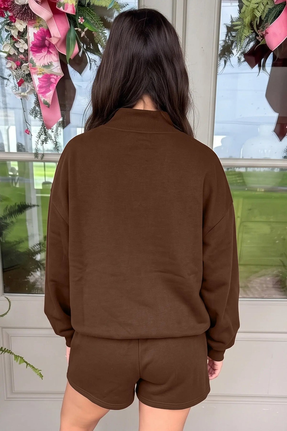 Coffee Christmas Slogan Print Mock Neck Pullover and Shorts Set model back view · nz-alt-v1