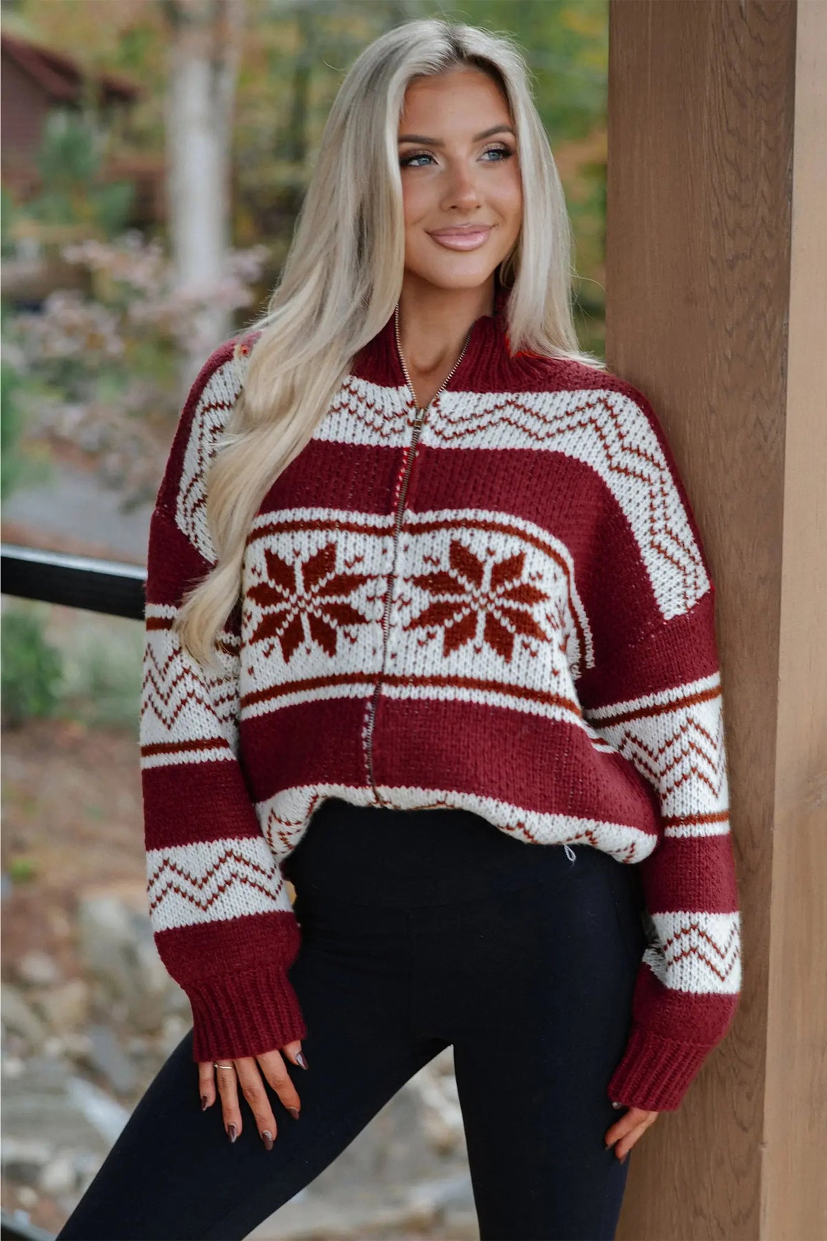 Red Geometric Pattern Zip-Up Knit Long Sleeve Regular Fit Cardigan