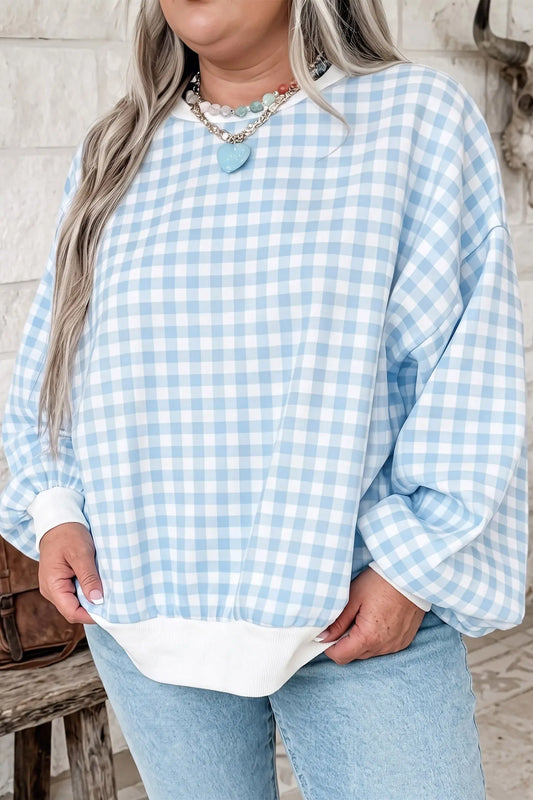 Light Blue Casual Plus Size Plaid Sweatshirt model front view · nz-alt-v1