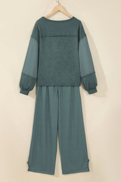 Green Bay Raw Seam Patchwork Long Sleeve Top Pocket Casual Pants 2pcs Set