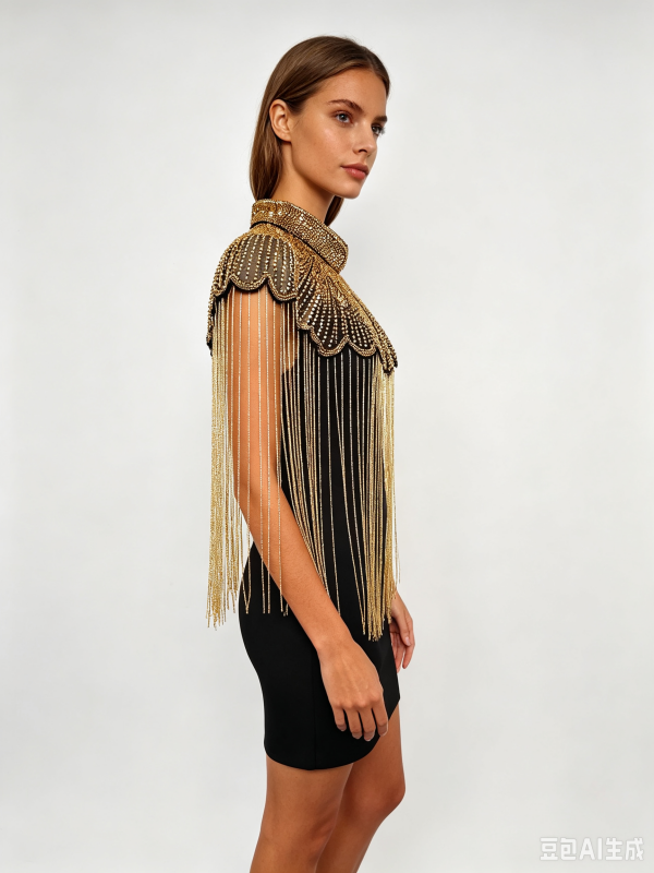 Ivory Mini Dress with Gold Beaded Fringe Capelet side view · nz-alt-v1