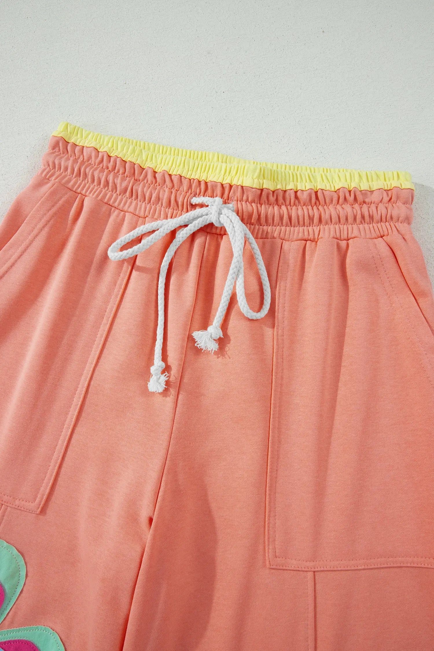 Grapefruit Orange Color Block Flower Patchwork Drawstring Contrasted Elastic Waist Wide Leg Pants Nataliz