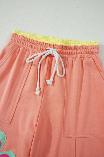 Grapefruit Orange Color Block Flower Patchwork Drawstring Contrasted Elastic Waist Wide Leg Pants Nataliz