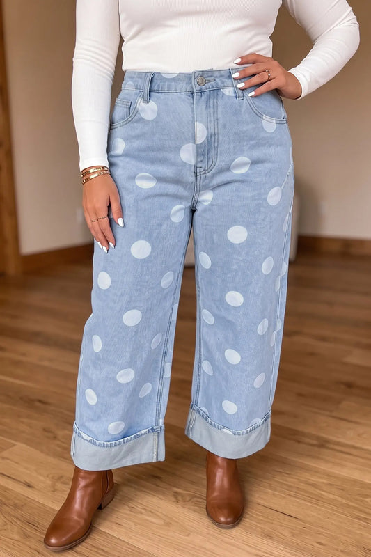Sky Blue Polka Dot Full Length Regular Fit Plus Size Jeans model front view · nz-alt-v1
