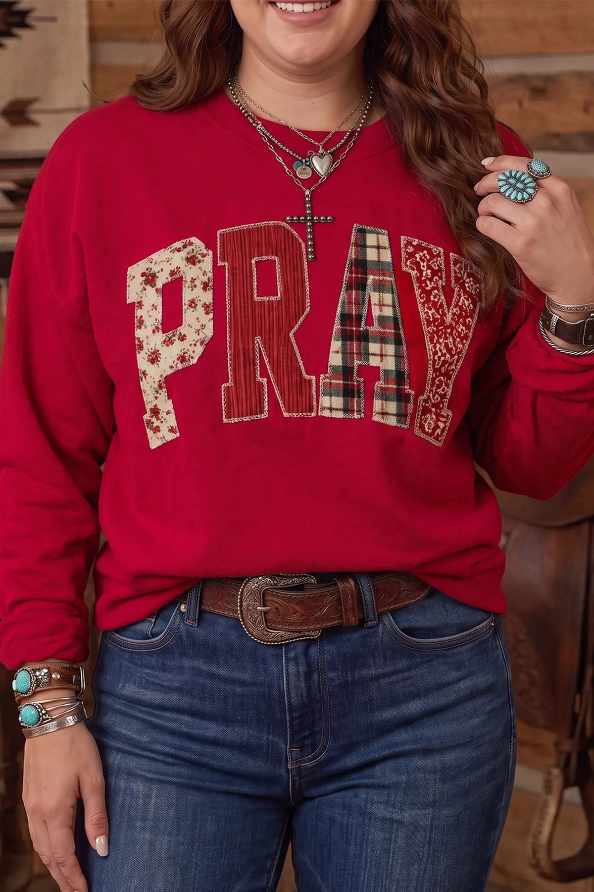 PRAY letter patchwork round neck plus size sweatshirt fiery red model front view · nz-alt-v1