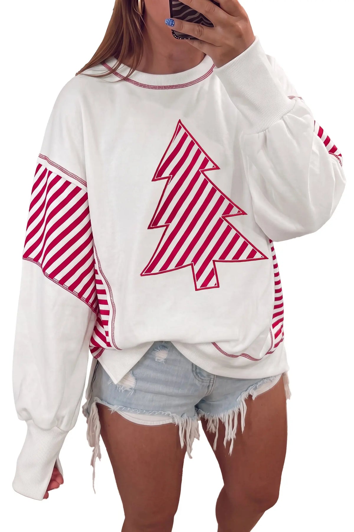 White Striped Contrast Christmas Tree Patchwork Puff Sleeve Top