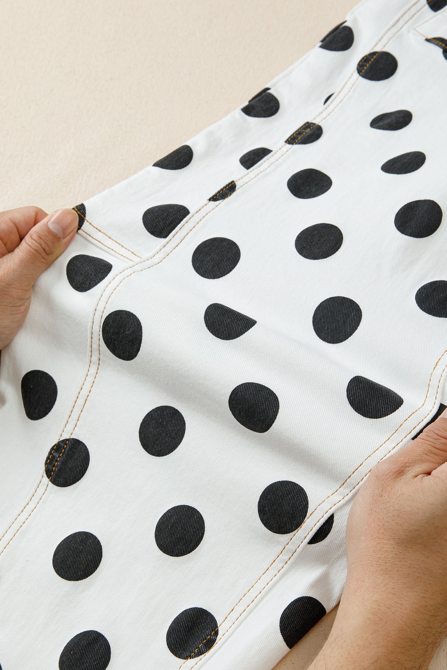 Sky Blue Polka Dot Print Bow Detail Pocketed Jeans