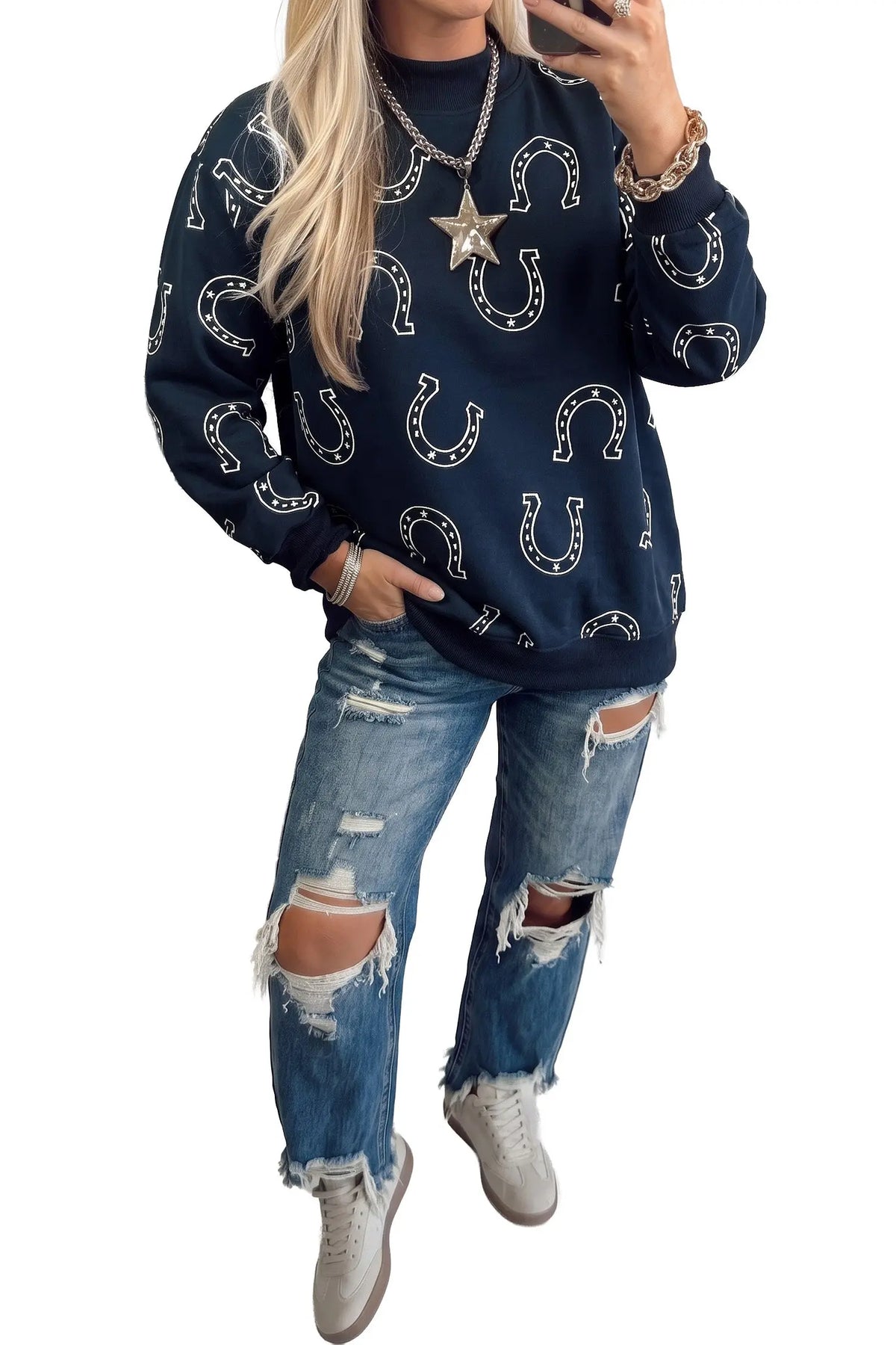 Western Horseshoe Print Mock Neck Casual Pullover Sweatshirt