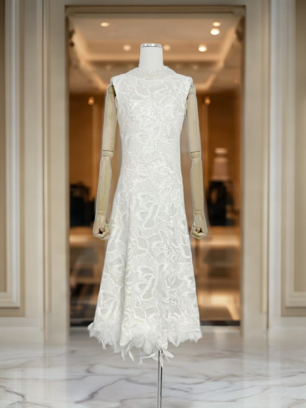 Sequin Feather-Trim Sleeveless Midi Dress in Ivory mannequin view · nz-bg-v1