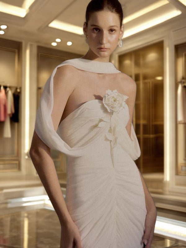 Ruched Strapless Maxi Gown with Draped Shawl model front view · nz-bg-v1
