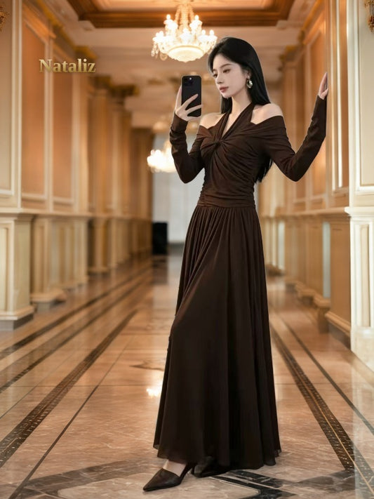 Cold Shoulder Halter Maxi Dress in Chocolate Brown model front view