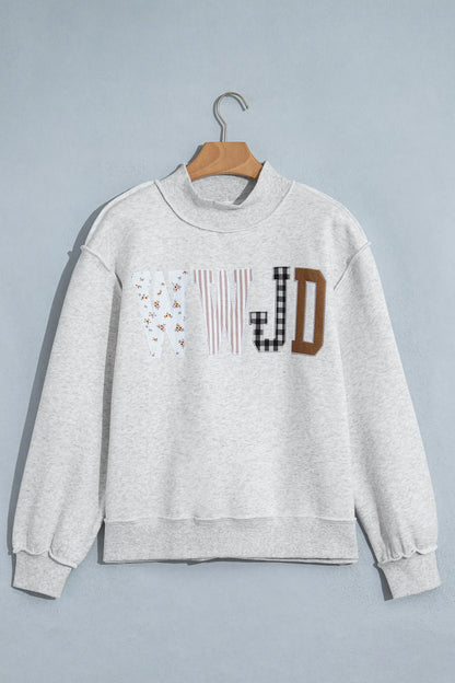 Coffee WWJD Mixed Pattern Embroidered Patch Graphic Mock Neck Sweatshirt