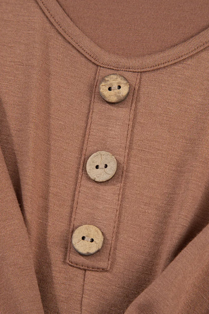 Dark Grey Shirred Cuff Long Sleeve Button Round Neck Mini Dress