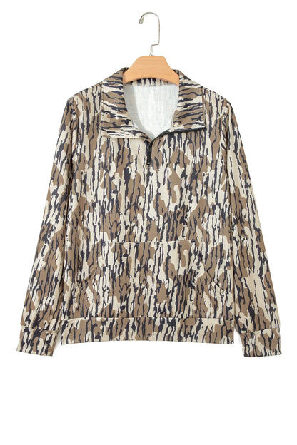 Brown Camouflage Zipper Collar Front Pocket Pullover Sweatshirt