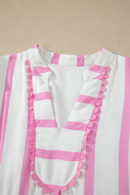 Green Stripe Ricrac Trim Notched Neck Half Sleeve Vacation Dress