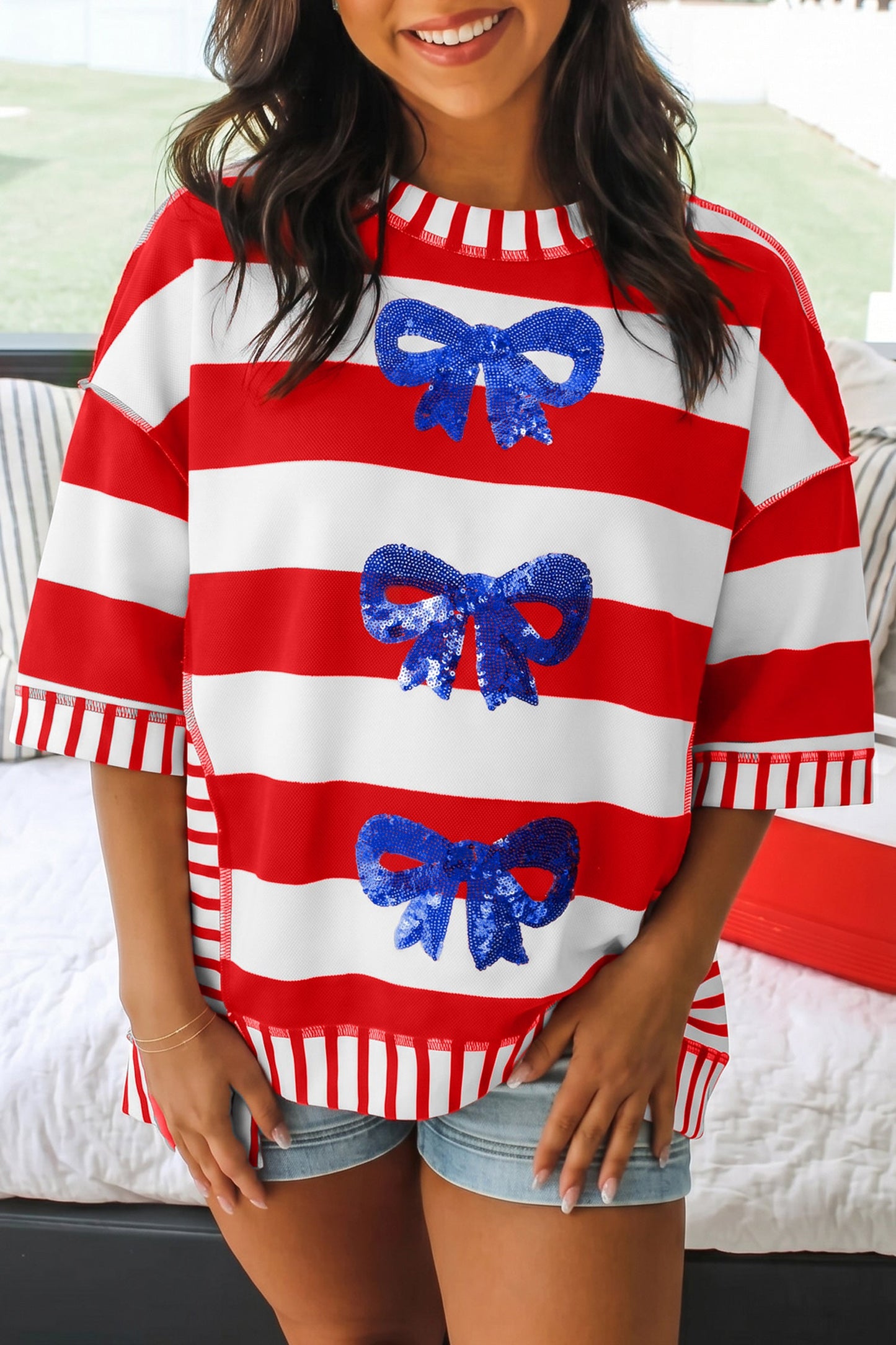 Red Stripe Sequin Bow Patriotic Half Sleeve Top - Red Stripe / S / 60% Cotton + 40% Polyester - Tops