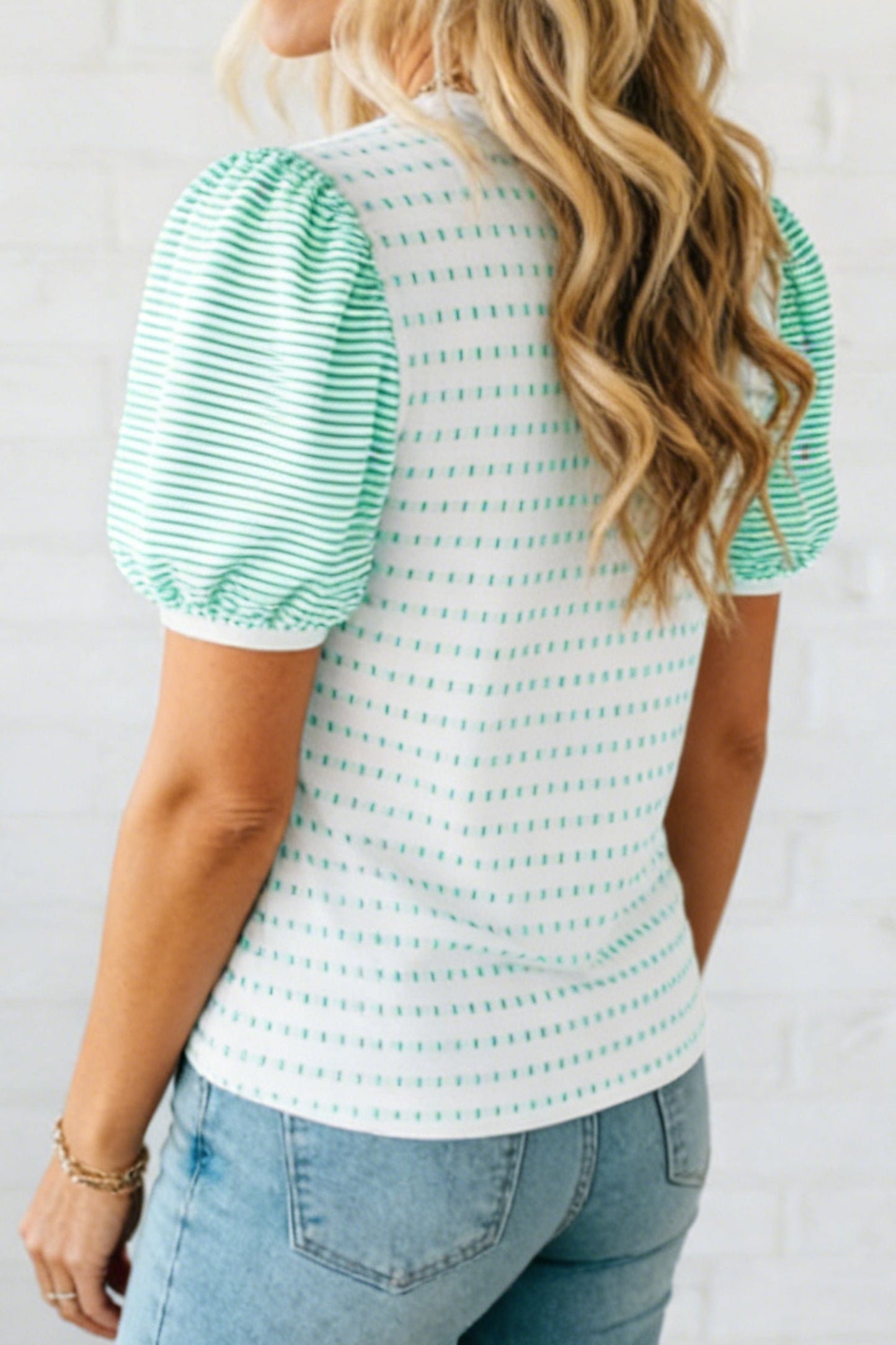 Green Striped Short Puff Sleeve Top - Tops