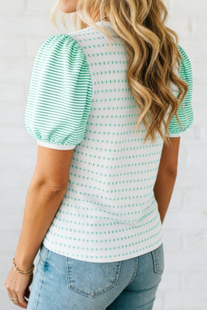 Green Striped Short Puff Sleeve Top - Tops