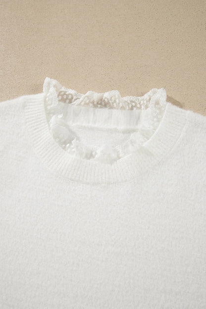 White Lace Trim Neck Cuff Patchwork Long Sleeve Pullover Sweater