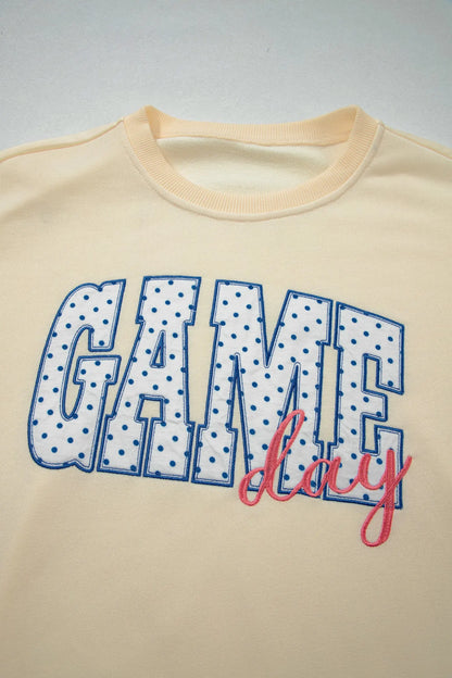 Beige Game Day Crewneck Long Sleeve Pullover Athleisure Short Sets