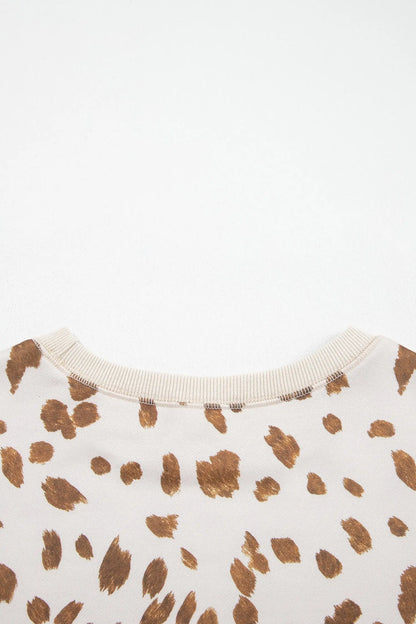 Brown Leopard Print Dropped Shoulder Round Neck Casual Sweatshirt