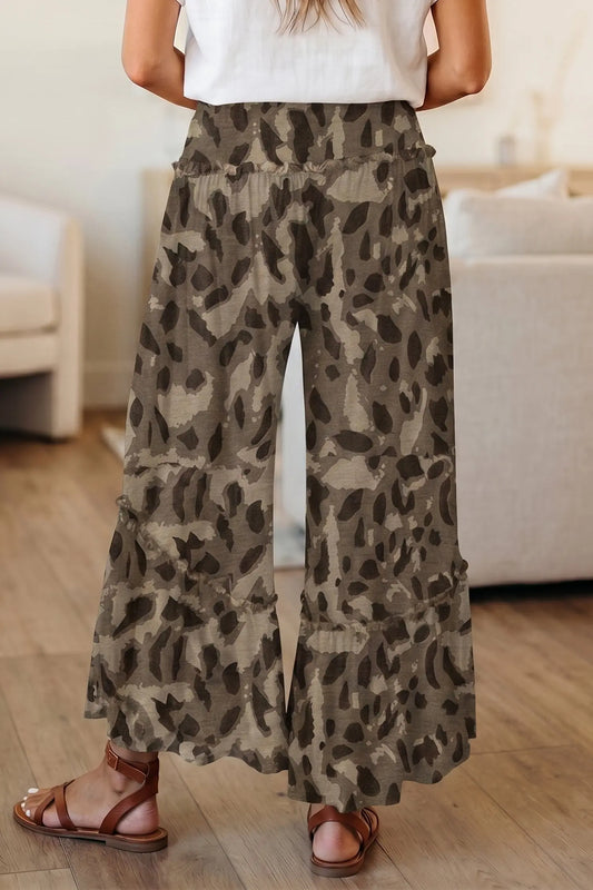 Brown Camo Print Wide Leg Casual Pants