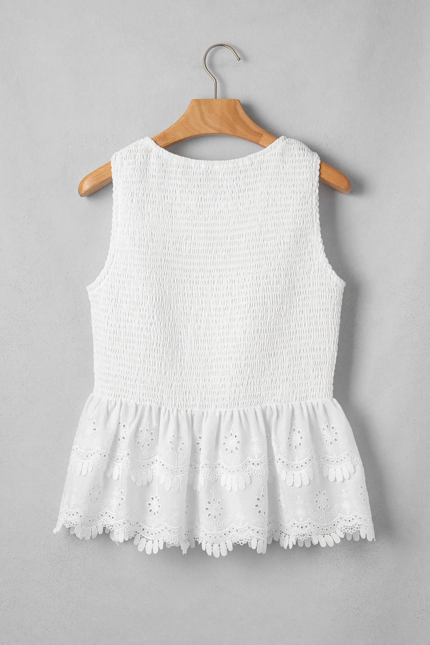 White Sleeveless Smocked Lace Peplum Top