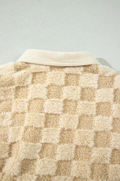 Khaki Plush Checkered Corduroy Trim Metal Button Long Sleeve Shift Silhouette Shacket