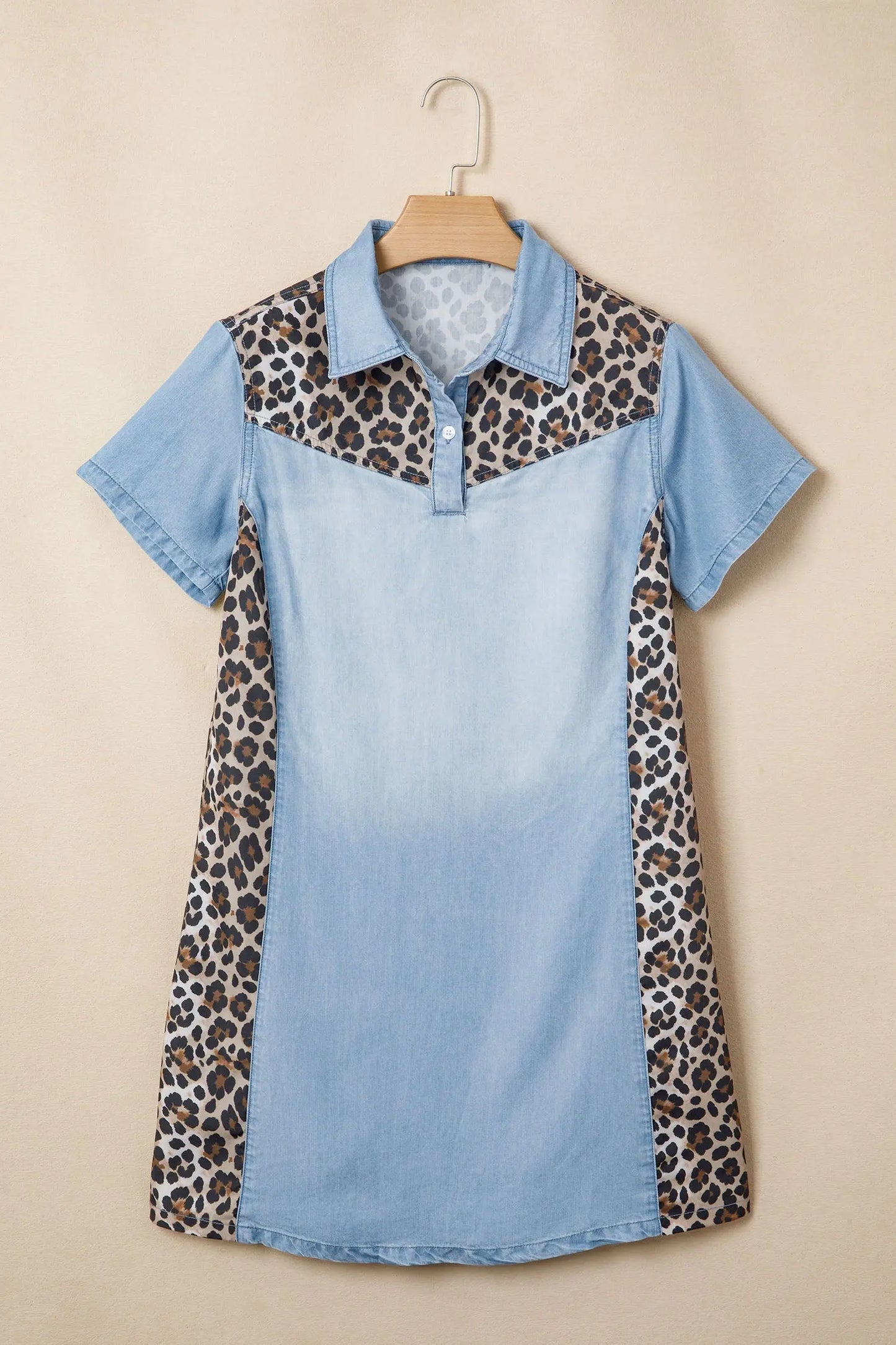Myosotis Denim Color Block Leopard Patchwork Shirt Collar T Shirt Mini Dress Dear-Lover Dropshipping