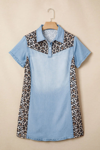 Myosotis Denim Color Block Leopard Patchwork Shirt Collar T Shirt Mini Dress Dear-Lover Dropshipping