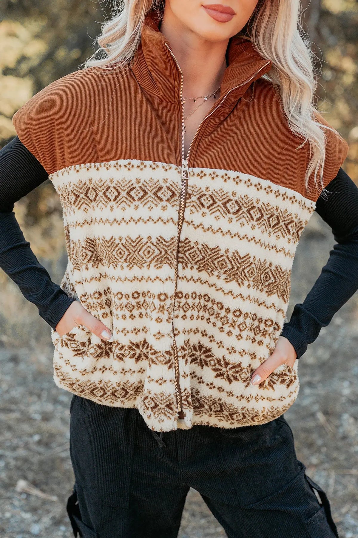 Brown geometric print fleece zipper collar vest model front view · nz-alt-v1