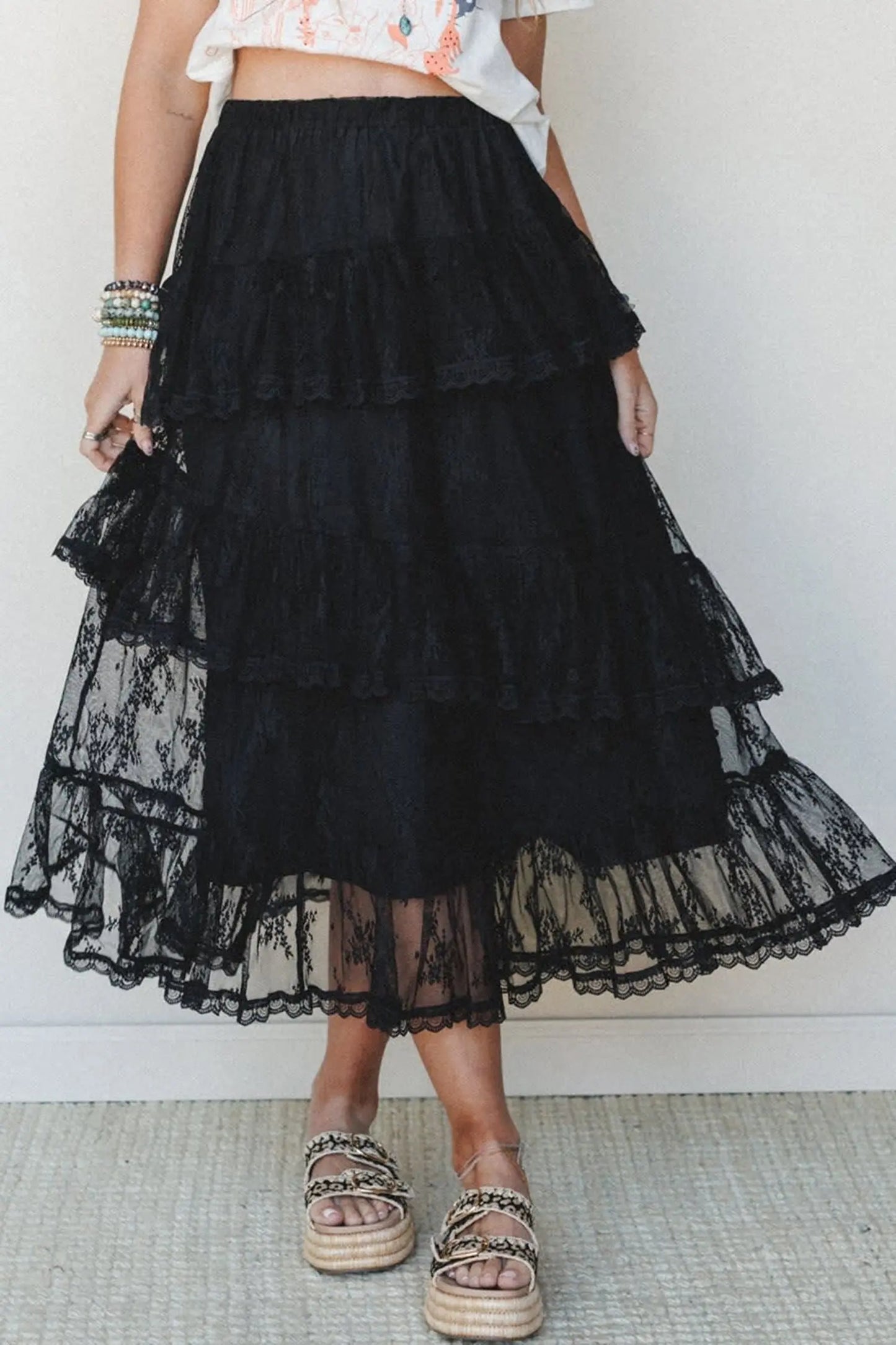Black Elegant Ruffle Lace Tiered Skirt