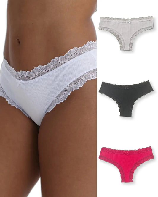 Nataliz pack of 3 cotton cheeky with lace trimming in white black and red, on model with all colors shown
