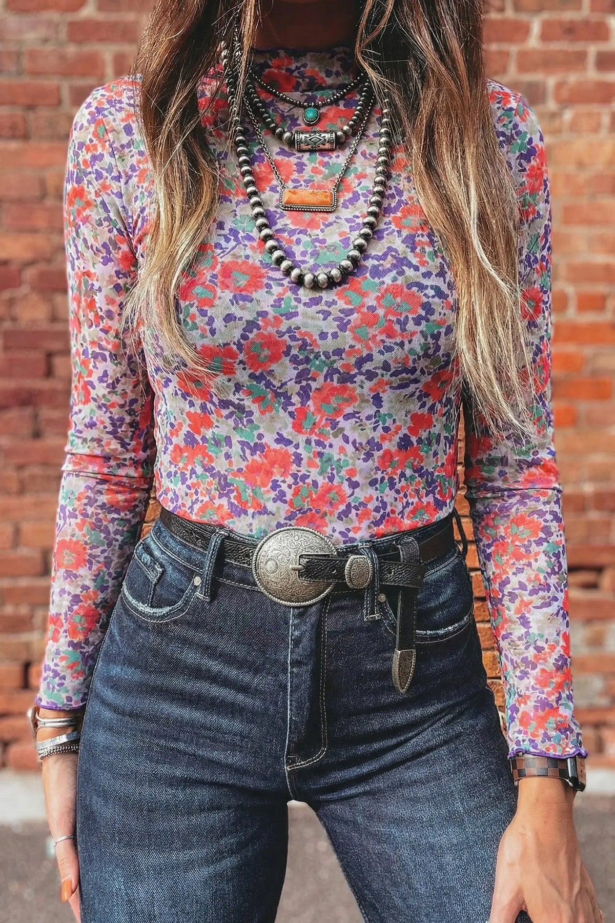 Red Floral Print Slim Fit Mesh Long Sleeve Mock Neck Top model front view · nz-alt-v1