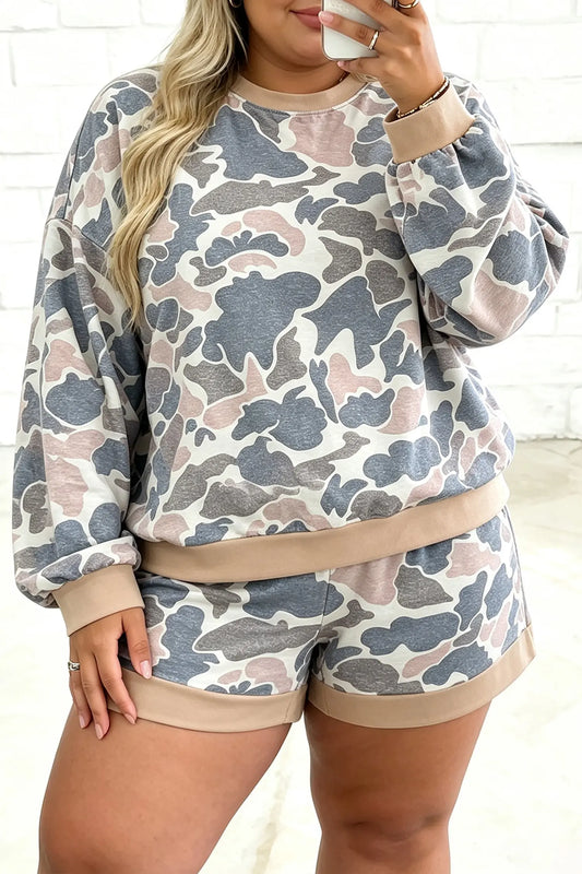 Multicolour Camouflage Print Round Neck Drop Shoulder Pullover Plus Size Shorts Set model front view · nz-alt-v1
