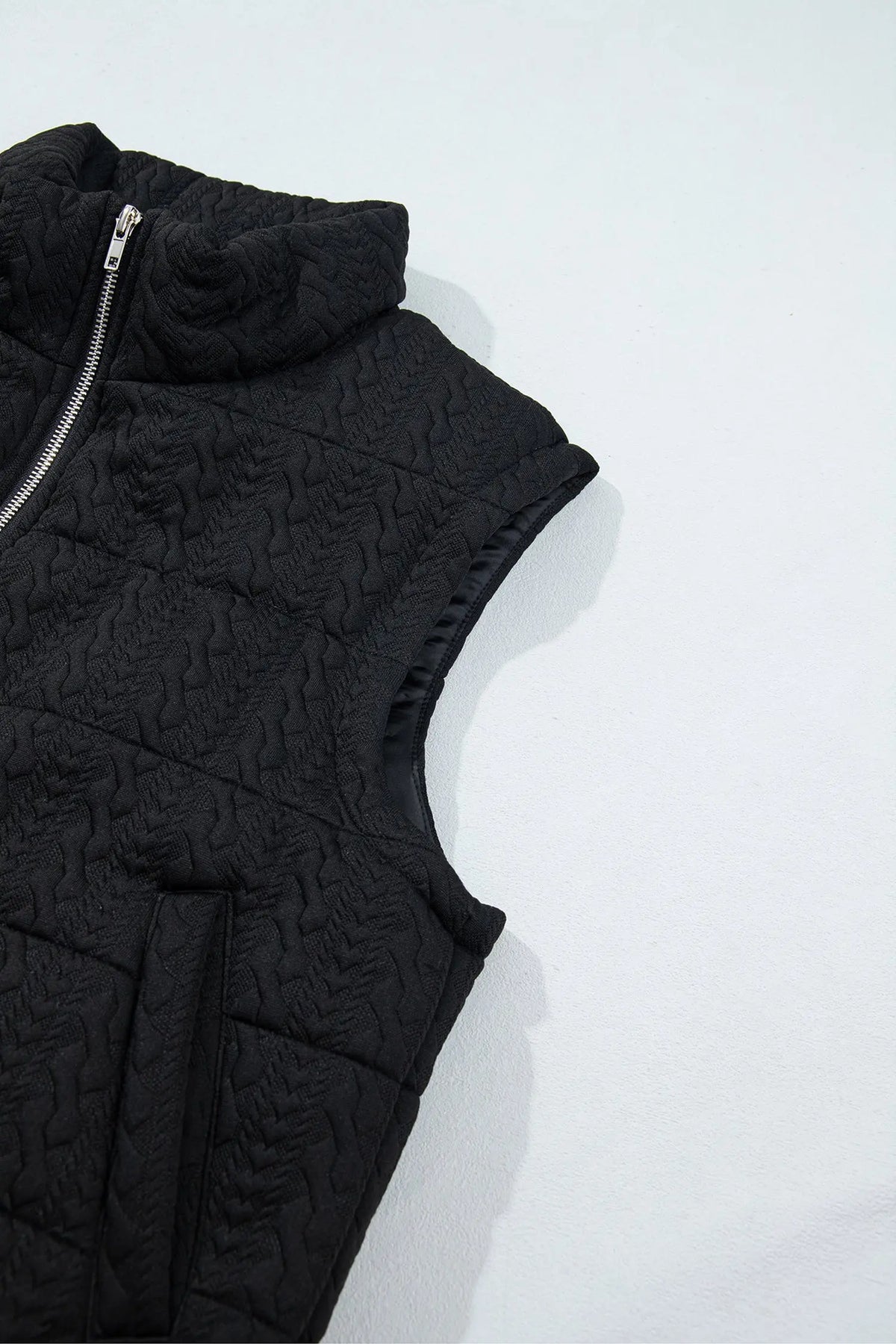 Black Textured Quilted Stand Neck Zipper Winter Vest