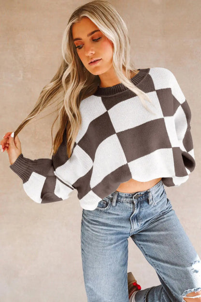 Black Checkered Bishop Sleeve Sweater