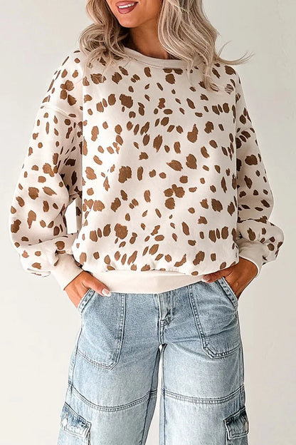Brown Leopard Print Dropped Shoulder Round Neck Casual Sweatshirt