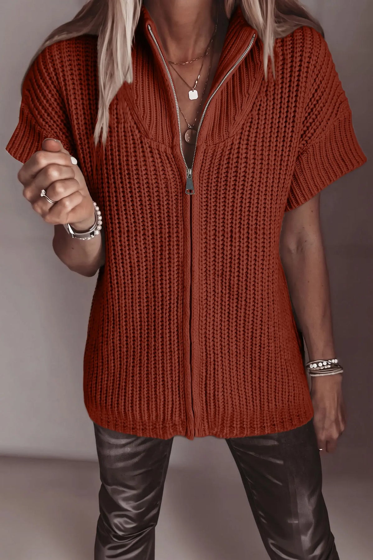 Cinnamon short sleeve zipper knit high neck sweater, model front view · nz-alt-v1
