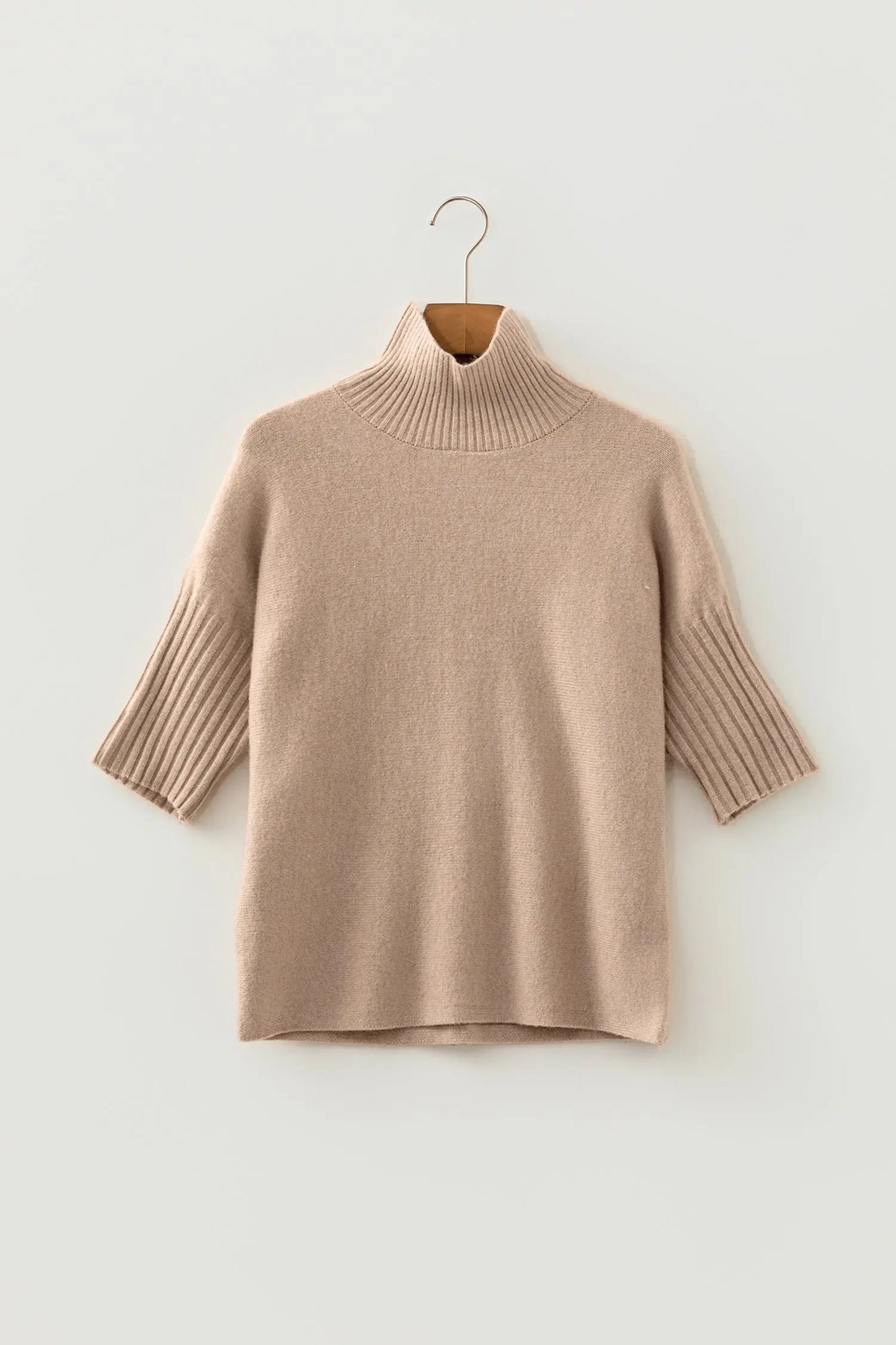 Beige Ribbed Trim High Neck Short Sleeve Casual Sweater