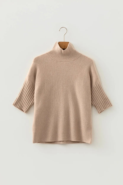 Beige Ribbed Trim High Neck Short Sleeve Casual Sweater