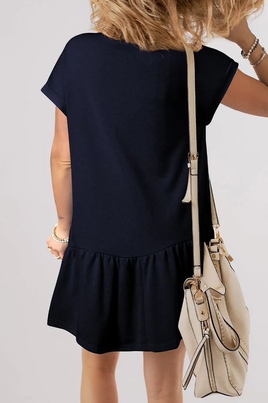 Navy Blue Solid Color Cap Sleeve Ruffle Hem Casual Short Dress model back view · nz-alt-v1