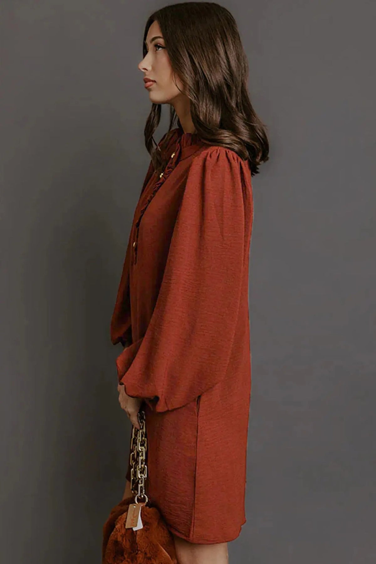 Coffee solid shift long sleeve short length one piece dress side view · nz-alt-v1