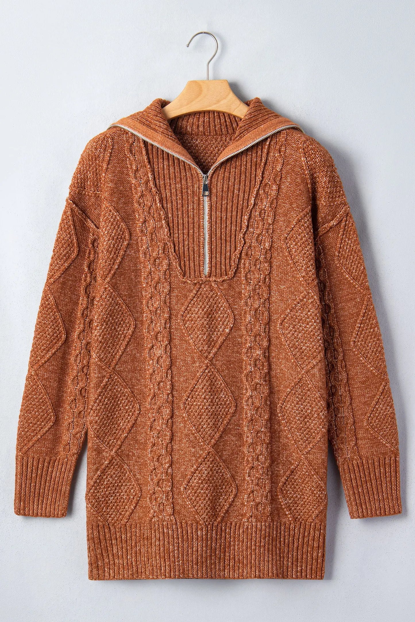 Clay Zip-Up Cable Knit Drop Shoulder Sweater Dress