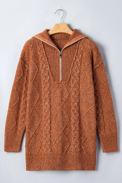 Clay Zip-Up Cable Knit Drop Shoulder Sweater Dress
