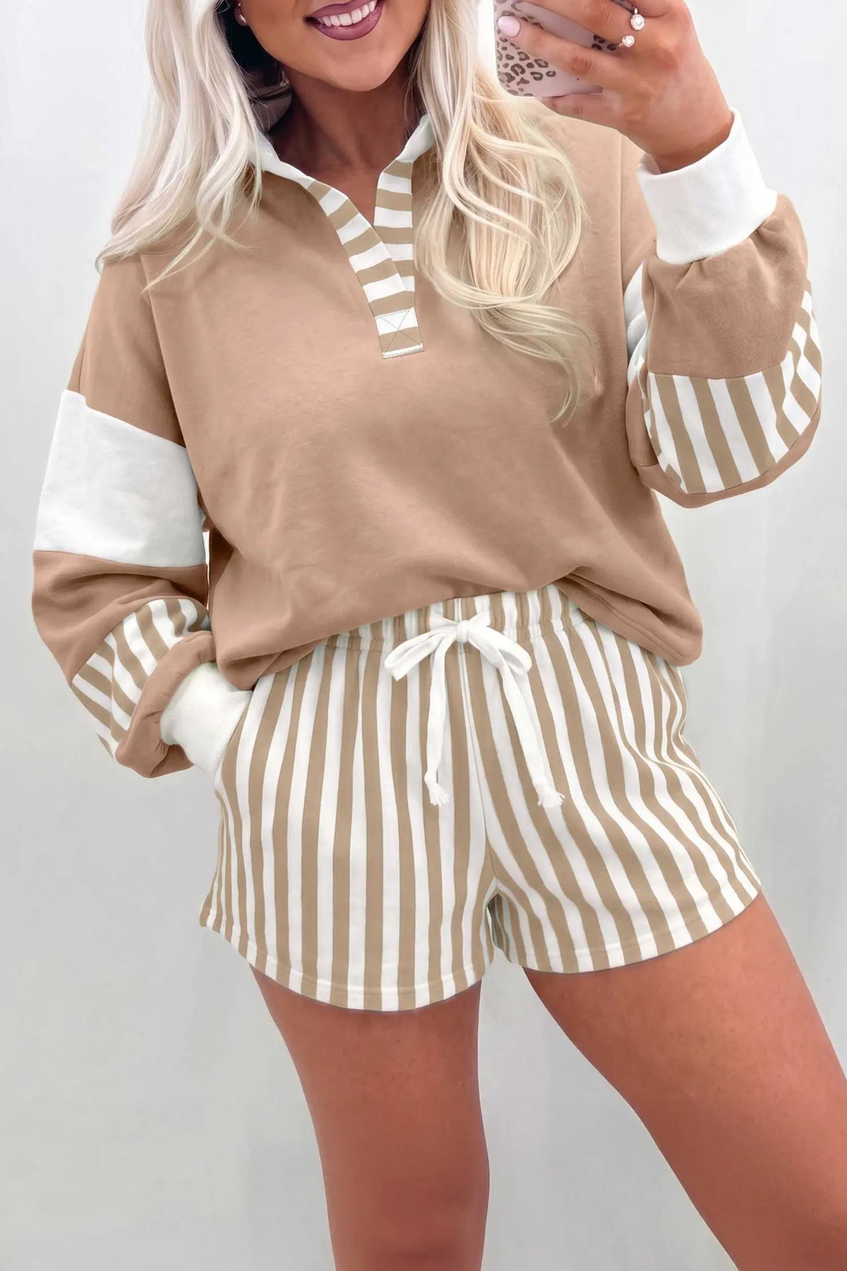 Striped Color Block Pullover Top Drawstring Shorts Set model front view · nz-alt-v1