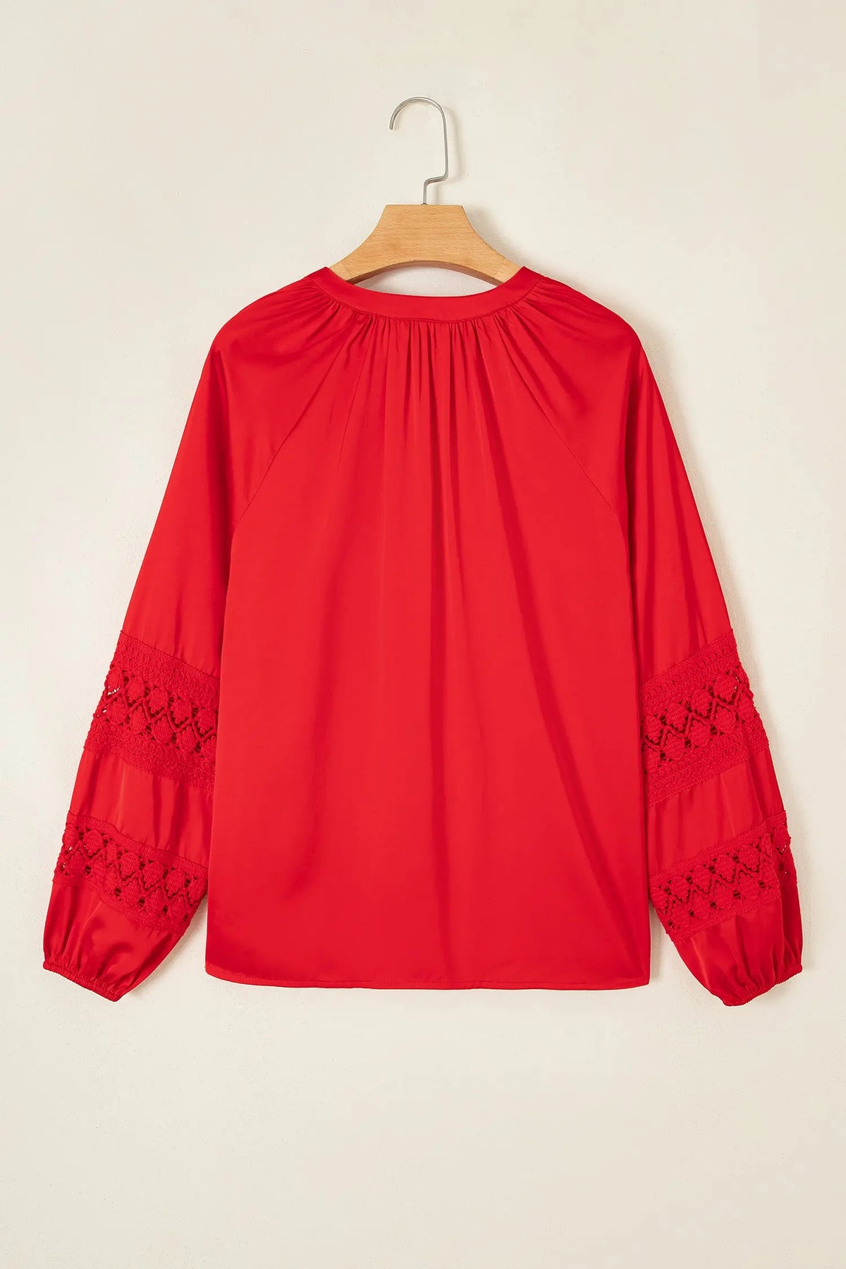 Fiery Red Patchwork Lace Long Sleeve V Neck Button Front Shirt