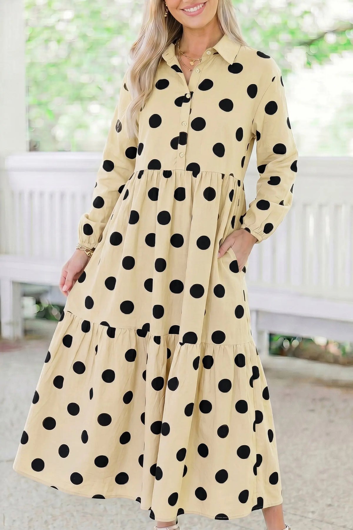 Apricot Polka Dot Button Front Long Sleeve Shift Dress model front view · nz-alt-v1