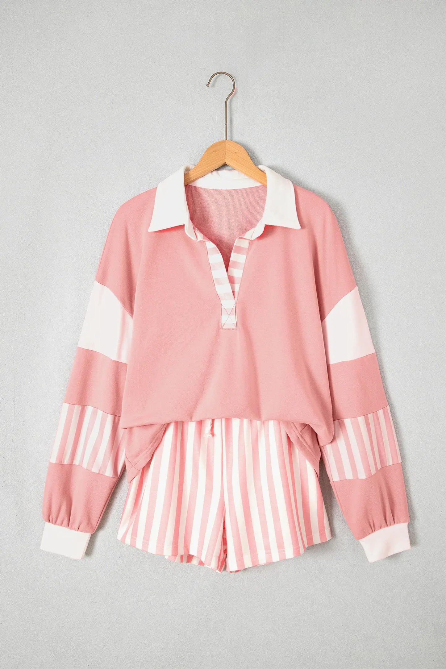 Gossamer Pink Striped Color Block Pullover Top Drawstring Shorts Set